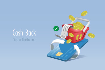 Credit card spending with money cash back. Gold coins in shopping basket with cash back arrow. Financial marketing for money spending on credit card. 3D vector.