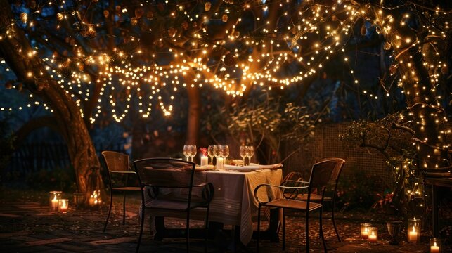 A magical romantic dinner, set under a starry sky with fairy lights, candles, and a delicious meal for two,