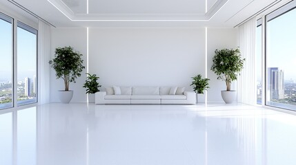 Fototapeta premium Minimalist white living room interior with a modern sofa, green potted plants, and large windows overlooking a city skyline.
