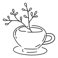 Botanical illustration in art style arranged in a cup. Hand drawn line drawing with black ink outline. Vector illustration.