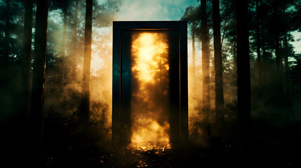 Obraz premium Glowing Door in the Forest at Sunrise