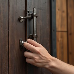Obraz premium close up man hands working adjusting the steel bolt latch on a wooden window f Generative AI.