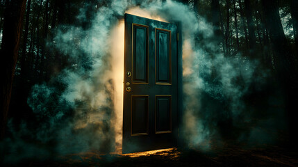 Glowing Door Surrounded by Mystical Smoke