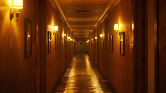 Exquisite ornate hallway lined with ornamental wooden panels antique chandeliers and warm lighting creating a prestigious and regal atmosphere in a historic palace or castle interior