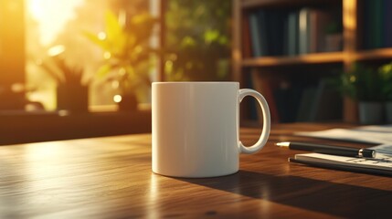 Fototapeta premium White Mug in Cozy Study. Generative AI