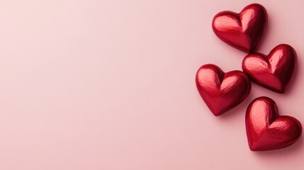 Fototapeta premium Shiny Red Heart Decorations on Pink Background for Valentine's Day