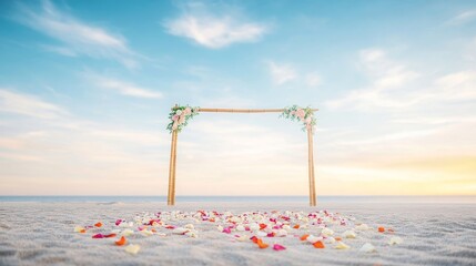A beach scene with a wooden archway and flowers