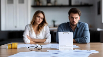 Fototapeta premium selective focus of couple sitting at table with divorce documents