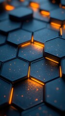 A close-up of hexagonal tiles with glowing orange accents, creating a futuristic and textured surface.