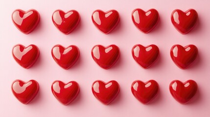 Fototapeta premium Red Hearts Pattern on Soft Pink Background for Love and Romance