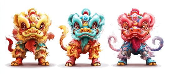 Three cute lion dance costumes in yellow, teal, and pink.