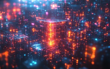 Fototapeta premium Technology communication concept with abstract digital networks, security encryption patterns and glowing shields representing cybersecurity, Generative AI illustration