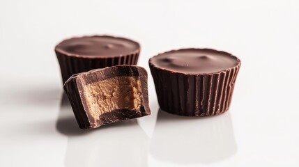 Three chocolate peanut butter cups, one broken. Perfect for dessert, confectionery, or food blogs.