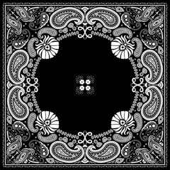 Bandana paisley square ethnic floral hand drawn pattern.Ornament classic vintage vector elements white on black background.Design for scarf,headscarf,kerchief,hijab,tablecloth,print fabric,decoration.