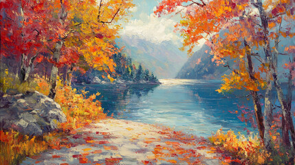 Naklejka premium Beautiful autumn landscape with vibrant trees and peaceful lake in daylight. 