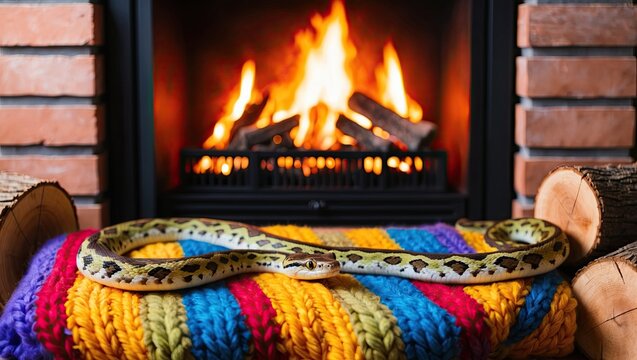 Pet snake sleeping on a thick colorful knit blanket with fireplace as background