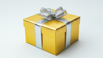 Obraz premium Shiny Gold Gift Box with Silver Ribbon on Minimalistic Background