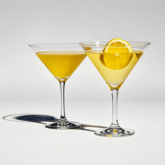 one martini glasses filled a lemon juice, on white background