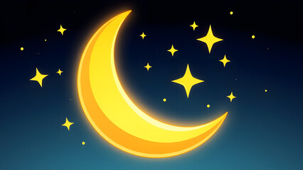 Cartoon-style crescent moon surrounded by star clusters and light sparkles in a whimsical night setting 