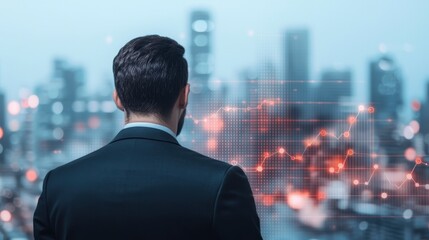 A businessman viewing financial data with red chart overlay in modern cityscape background