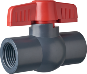 dark gray pvc ball valve with red handle on top for turning and threaded ends isolated white background, plumbing fixture for controlling flow in pipelines