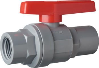 gray pvc ball valve with red handle on top for turning and threaded ends isolated white background, plumbing fixture for controlling flow in pipelines