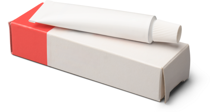 small  white tube on cardboard box isolated gray background, mockup template container of ointment, cream, toothpaste, gel or shampoo, blank package medicine or cosmetics 