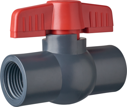 dark gray pvc ball valve with red handle on top for turning and threaded ends isolated white background, plumbing fixture for controlling flow in pipelines