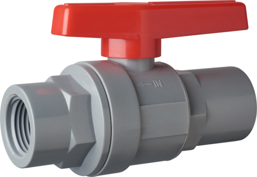 gray pvc ball valve with red handle on top for turning and threaded ends isolated white background, plumbing fixture for controlling flow in pipelines