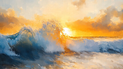 Naklejka premium Waves crashing at sunset over the ocean under a colorful sky. 