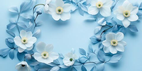 Light Blue Flowers and Leaves Frame Background