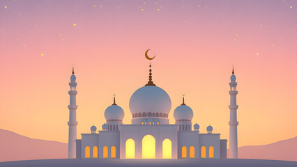 Obraz premium Adorable mosque shape glowing softly against a pastel gradient sky, with twinkling cartoon stars above