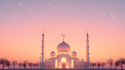 Naklejka premium Adorable mosque shape glowing softly against a pastel gradient sky, with twinkling cartoon stars above