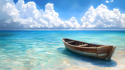 Fototapeta premium A lone wooden boat rests peacefully in the turquoise waters, the clear shallows revealing the sandy bottom, while fluffy white clouds drift across the cerulean sky. Shallows. Illustration