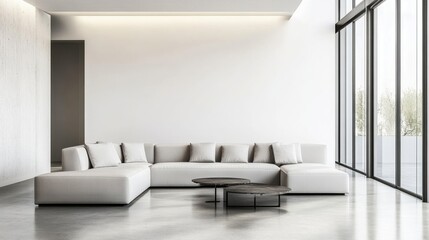 Minimalist lounge with sleek, modern furnishings. Featuring open space and soft lighting