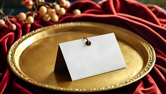 Elegant table setting with blank menu card on golden tray dining room still life photography cozy atmosphere close-up hospitality concept