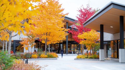 Naklejka premium Autumn leaves surrounding modern building entrance.