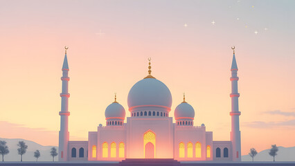 Fototapeta premium Adorable mosque shape glowing softly against a pastel gradient sky, with twinkling cartoon stars above