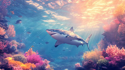 Fototapeta premium A predator great white shark swimming in the ocean coral reef shallows closing in on its victim. 3d rendering using god rays. Shallows. Illustration
