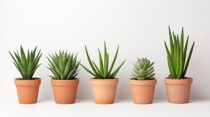 Obraz premium A row of potted succulents showcases various green plants in terracotta pots, adding a fresh, natural aesthetic to the space.