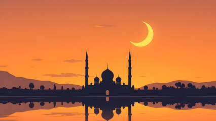 Obraz premium Animated cartoon mosque silhouette reflecting softly in water with golden crescent moon in the sky 