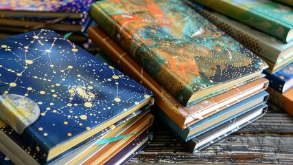 A variety of notebooks and journals with particle designs on the cover perfect for jotting down scientific notes or thoughts.