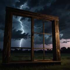 An aged and rustic window frame stands against an ominous cloudy night sky, capturing the foretelling mood with a striking lightning bolt, shadows, and atmospheric ... See More Generative AI.

