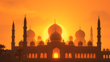 Fototapeta premium silhouette of a mosque with chubby domes and minarets, surrounded by glowing light and stars 