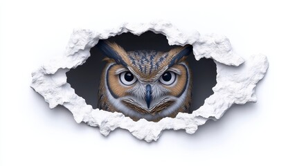 Naklejka premium A striking owl peers through a textured, cracked surface, showcasing its intense eyes and intricate feathers against a dark background.
