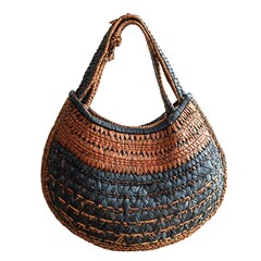 Handwoven Wicker Bag with Brown and Black Stripes, Isolated on White Background.