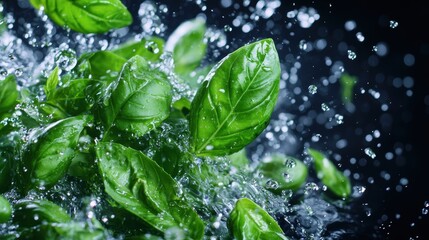 Fresh Green Basil Leaves Splashing in Water on Dark Background