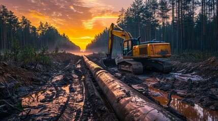 Excavator installing pipeline at sunset in a muddy forest clearing.