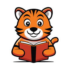 A playful mascot logo featuring a cute tiger reading a book, combining a charming design with a love for learning, perfect for educational or fun brands.