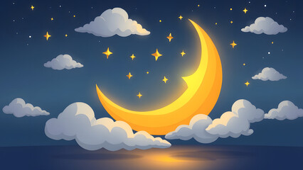 Fototapeta premium Cartoon crescent moon with soft golden glow and twinkling stars, surrounded by fluffy clouds 